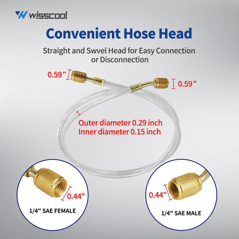WISSCOOL 1/4 in refrigerant charging hoses, clear tubing with brass SAE fittings, 60 in, set of 3