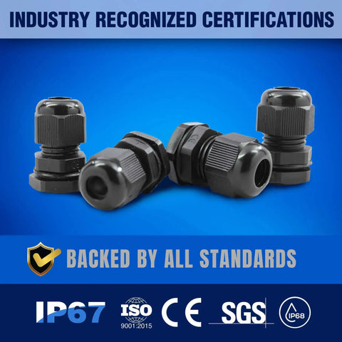 Tough as Nails PG Cable Glands Kit With KableLock Tech For PG7 To PG19 Black Nylon Cord Grip Strain Relief IP68 Waterproof