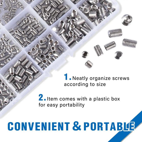 Stainless Steel Set Screws Kit With SAE And Metric Allen Head Socket Hex Grub Screws in organized plastic box