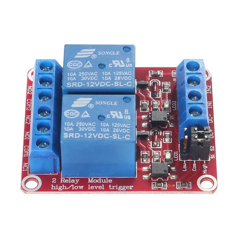 Two Channel 12V Relay Module with Optocoupler Isolated Trigger on red circuit board, high or low level control for Arduino projects.
