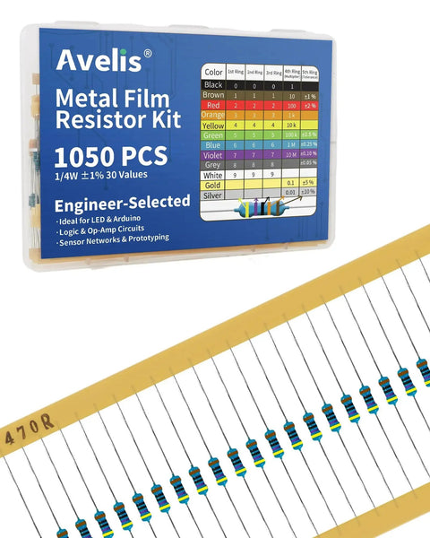 Avelis metal film resistor kit box, 1050 pcs, 1/4W ±1%, 30 values; diagonal row of axial resistors on a yellow tape.