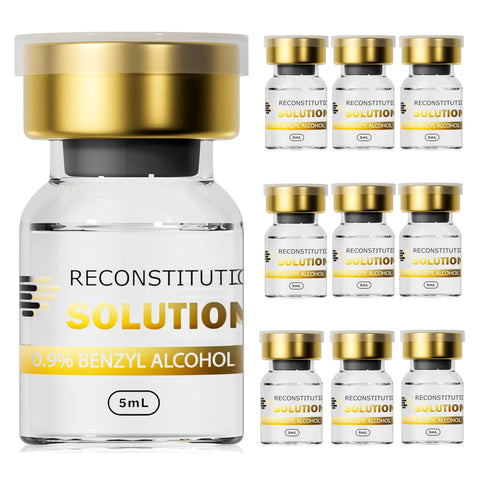 10-pack of 5 mL Reconstitution Solution in glass vials with gold caps; labeled 0.9% benzyl alcohol.