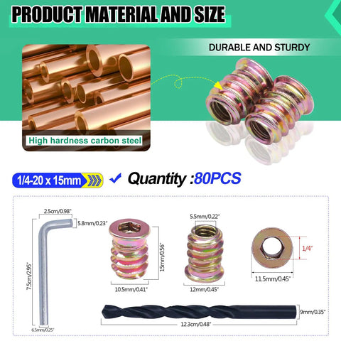 DIY Ready Wood Threaded Inserts Kit With M6 Wrench Eighty Pieces One Quarter Twenty Threaded Inserts For Furniture Repair And Woodworking Projects Screw In Nuts showing carbon steel inserts, M6 wrench, and drill bit.