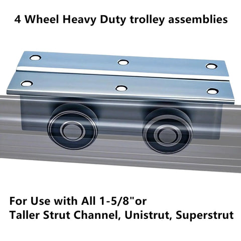 Heavy Duty 4 Wheel Unistrut Trolley Assembly for Barn and Shed Sliding Doors, Compatible with 1 and 5/8 Inch or Taller Strut Channel