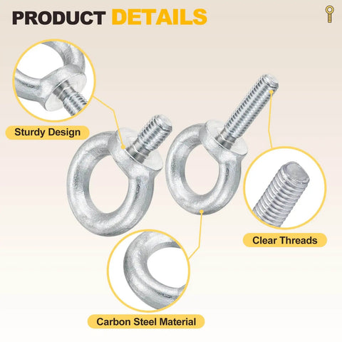 Shoulder Eye Bolt Set One Quarter Inch By One Half Inch Four Pack Carbon Steel Lifting Eye Bolts With Threads For Hoisting Rigging And Load Securing In Industrial And DIY Projects Heavy Duty Beefy Pro Grade Gear product details showing sturdy design and clear threads.