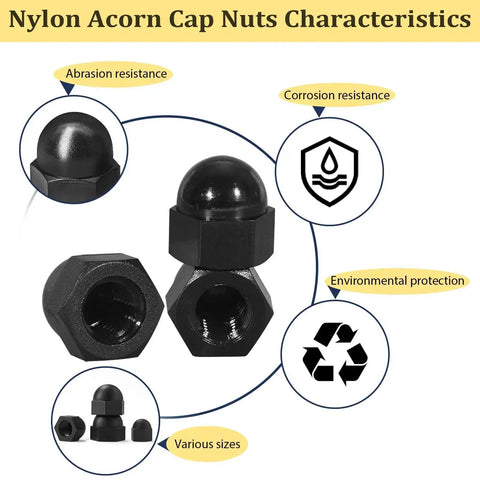All In One Black Nylon Acorn Nut Kit With M3 To M10 Sizes, 155 Pieces showing characteristics like abrasion and corrosion resistance