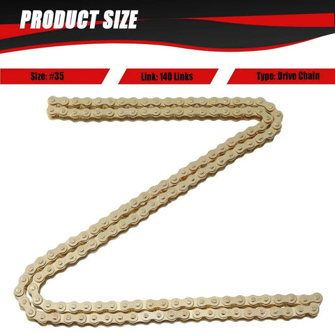 Gold 140 Link Drive Chain With Chain Breaker Tool, shown in a Z shape, for Predator 79cc 97cc 100cc engines and mini bike parts