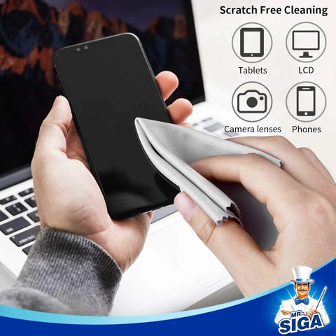 Person using Premium Microfiber Cloths For Lenses Screens Glasses Six Pack 6 x 7 Inches to clean a smartphone screen.