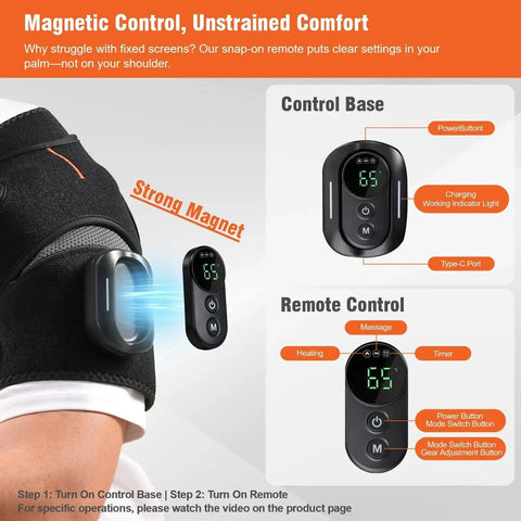 Cordless Shoulder Heating Pad with detachable remote showing close-up of control panel with heat and vibration modes.