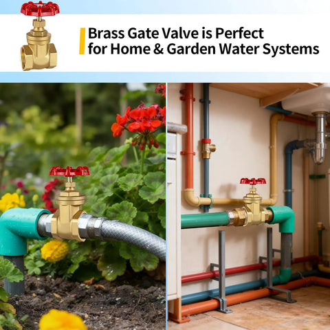 Boltigen 3/4'' NPT brass gate valve with red wheel handle; double female threads for water, oil, gas plumbing.