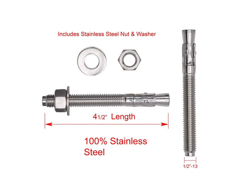 Bolt Dropper 1/2 Inch By 4-1/2 Inch Wedge Anchor 5 Piece Set with 18-8 stainless steel corrosion resistant washers and nuts