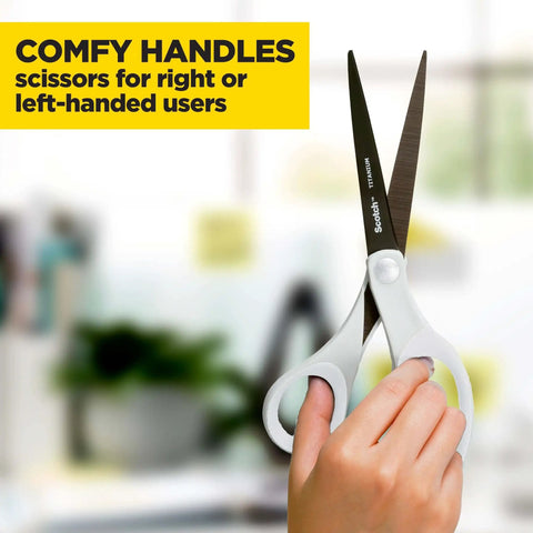 Hand holding Precision Ultra Edge 8 Inch Non-Stick Scissors, titanium-fused blades, comfort left or right handed molded handles.