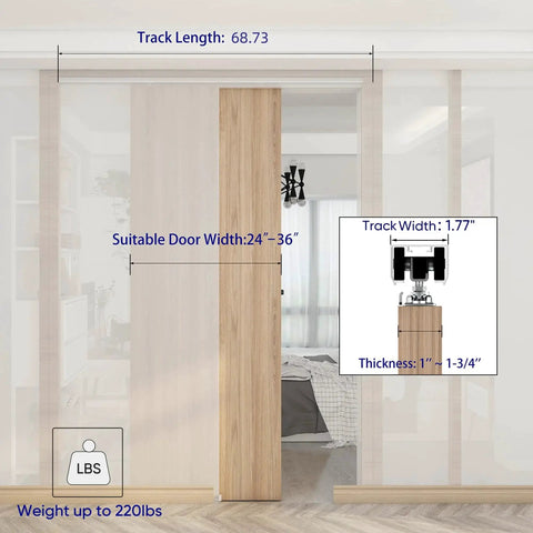 Commercial Grade Pocket Door Hardware And Track Set For 6 Foot Sliding Doors 68.7 Inch Aluminum Track System installed view