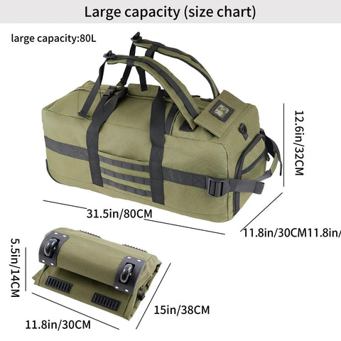 80L Rolling Duffel Bag With Wheels For Travel, Large Wheeled Luggage, Foldable Green, 80x30x32cm, 1000D Fabric, Size Chart