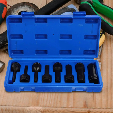 Front view of blue 8-piece hex impact socket set in a plastic case with extended sleeves.