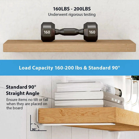 Wood shelf supported by Six Inch Floating Shelf Brackets White 90 Degree Hidden L Shaped Heavy Duty Iron Hardware for 160 lbs load