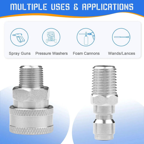 3/8 Inch Pressure Washer Quick Connect Fittings Set Stainless Steel 5000 PSI Male And Female Thread Adapters front view
