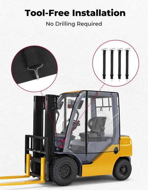 Clear Forklift Cab Cover With Rear Window Waterproof UV Shield Fits 6000 Lb shown on forklift with tool-free installation.