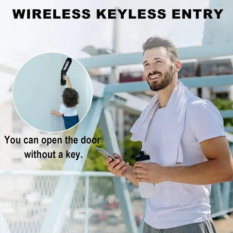 Man using phone for Keyless Garage Door Opener Keypad Replacement For LiftMaster, Chamberlain, And Craftsman with kid using keypad.