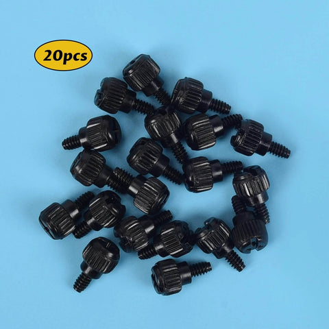 20 Pack Computer Case Thumb Screws Stainless Steel M3.5 6-32 Thread 6mm Length For PC Case Covers Hard Drives Power Supply Mounts PCI Slots Rust Resistant And Easy Tool Free Install, black screws on blue background