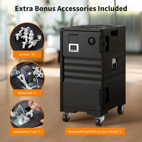 127 Qt Food Warmer Hot Box Carrier with Lockable Wheels and Double Buckles, shown with bonus screws and installation tools