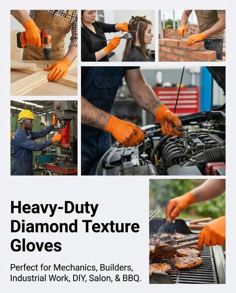 Multiple uses of 9 Mil Heavy Duty Orange Nitrile Gloves With Raised Diamond Grip Latex Free in various work settings.