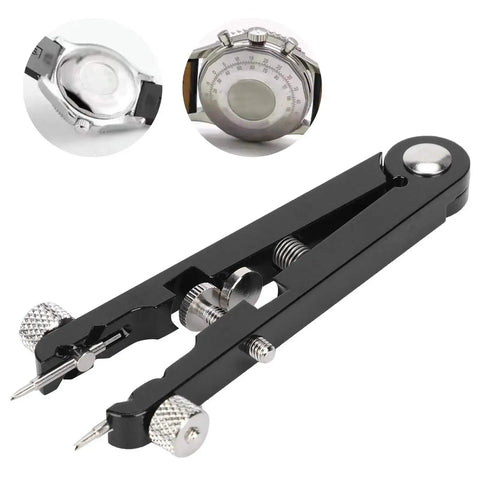 All-In-One Watch Spring Bar Removal Tool Set With Pliers And V Type Pins, shown with stainless steel pliers and close-up watch views