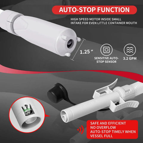 Portable Fuel Transfer Pump Auto Stop 3.2 GPM 4 Adapters Battery Or USB Power with auto-stop sensor feature