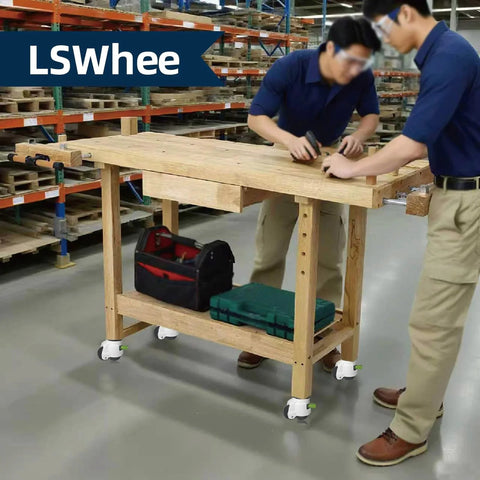 Heavy Duty Caster Wheels Set Of 4 With Leveling Stem Casters in use on workbench with tools in a workshop setting.