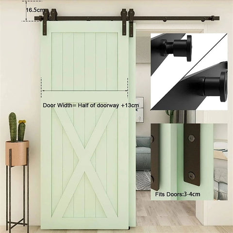 Installed Built Like A Tank Sliding Barn Door Hardware Kit For Double Doors With Monorail Bypass Rail System highlighting measurements