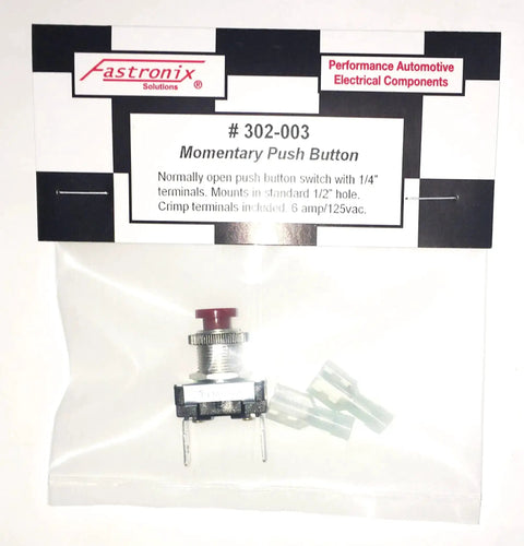 Red Momentary Push Button Switch For AC DC Power in packaging, includes heavy duty nylon crimp terminals, panel mount design visible
