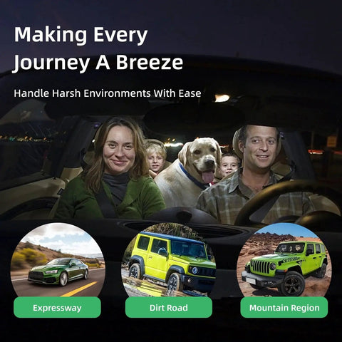 Family with dog smiling in car with images of vehicles on expressway, dirt road, mountain region below