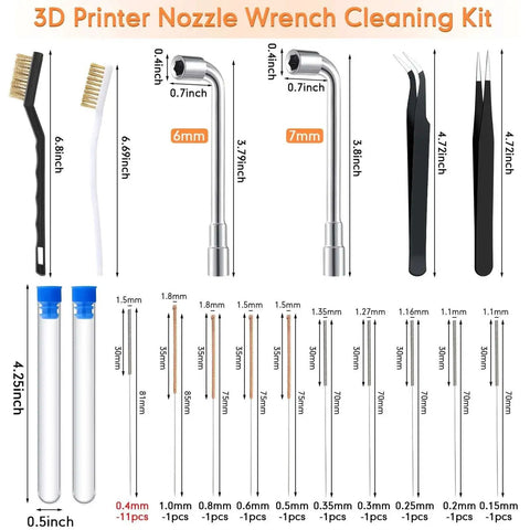 50 Piece 3D Printer Nozzle Cleaning Kit With MK8 Nozzles And Cleaning Needles, Curved Tweezers, And Essential Maintenance Tools diagram.