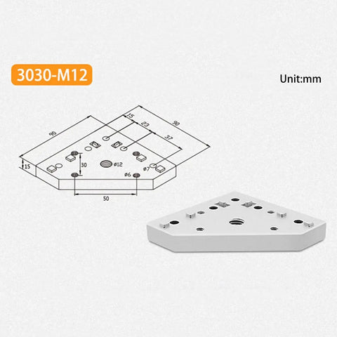 3030 Series Aluminum M12 L Shape Corner Bracket Joint Plate for Extrusion Connectors, 90x90mm, 15mm thick, with technical diagram