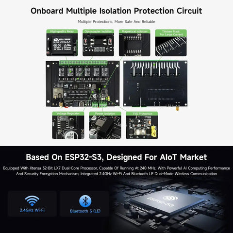 Six Channel ESP32S3 WiFi Relay Module With RS485 and Bluetooth, showing onboard isolation circuits and protection features.