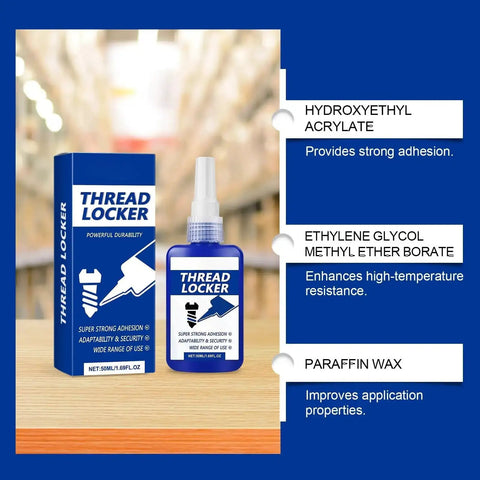 Blue Thread Locker For Nuts And Bolts, Medium To High Strength bottle and packaging with adhesive properties highlighted.