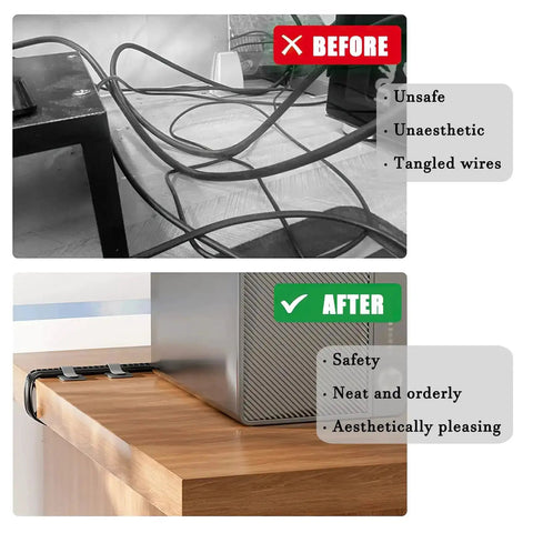 Before and after comparison of messy and organized desk cables using 80 Piece Set Hook And Loop Cable Straps For Desk Cable Management.
