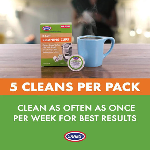 Five Pack Coffee Machine Cleaning Pods For Keurig 1.0 And 2.0 And All Single Serve Brewers That Remove Oils And Residue From Exit Needle And Spout Use Weekly Or Between Flavors box with mug and steam