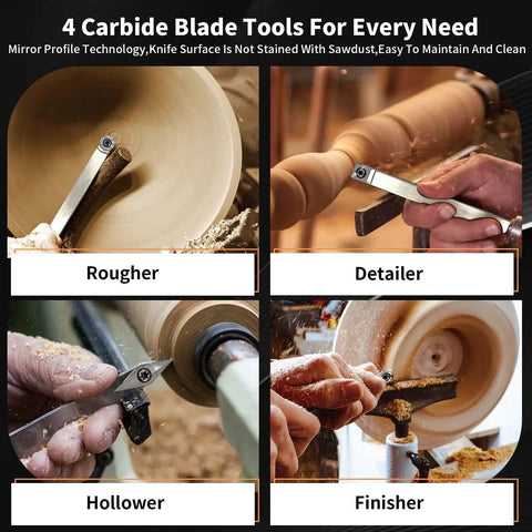 4 types of carbide blade tools including rougher, detailer, hollower, and finisher showing Premium Carbide Lathe Tool Inserts Set For Wood Turning