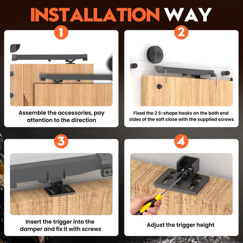 Installation guide for Silent Soft Close Barn Door Hardware Kit with Adjustable Stopper and Damper, no drilling required.