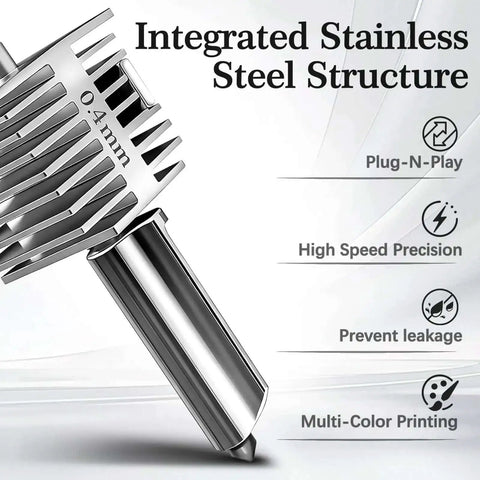 Close-up of Two Pack 0.4mm Hotend Kit For A1 And A1 Mini 3D Printer, showing stainless steel integrated structure and features.