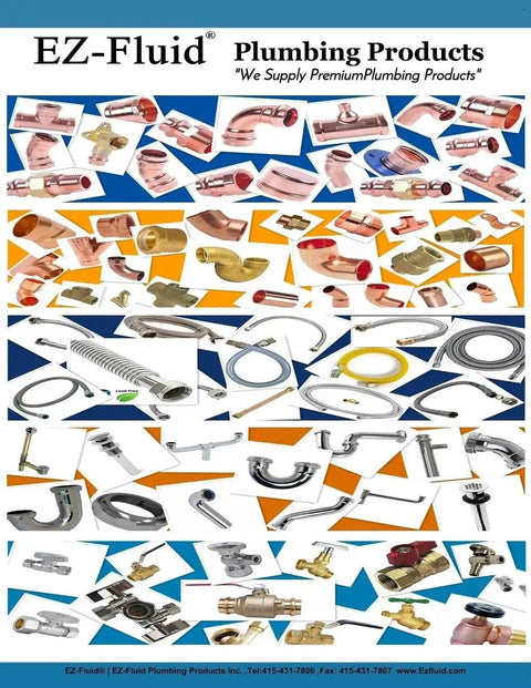 Collage of various EZ-Fluid plumbing products, including Easy Install Copper Push Fit Angle Stop Valve For One Half Inch Copper To Three Eighths Inch Outlet PEX Or Copper Lines One Quarter Turn Shutoff Lead Free Chrome Brass Sharkbite Style EZ-FLUID.