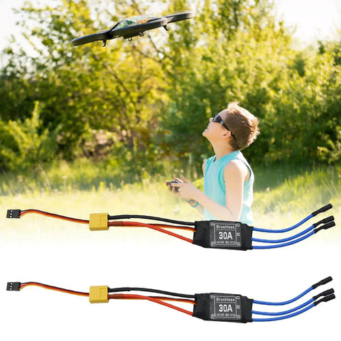 Two Pack 30A Brushless ESC Speed Controllers With XT60 Connectors And 3.5mm Bullet Plugs For RC Drones Planes And Helis displayed on grass