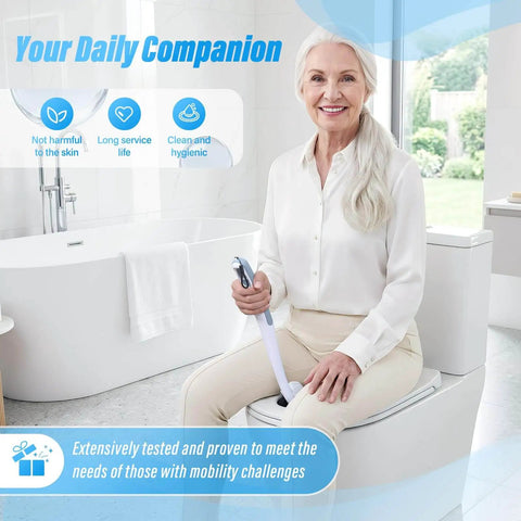 Elderly woman holding Butt Wiper Tool With Replaceable Head And 16.5 Inch Handle Locking Mushroom Head Toilet Aid seated in bathroom.