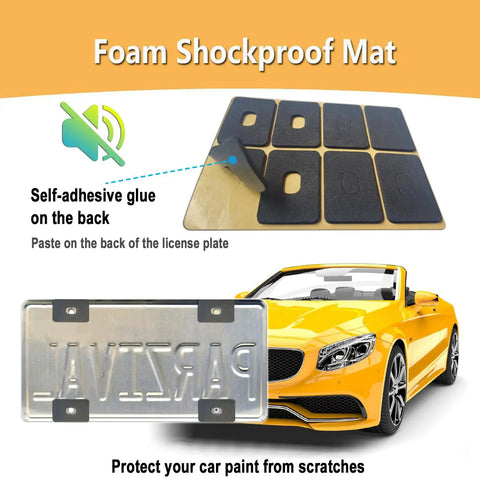 Foam shockproof mat with self-adhesive backing for license plate protection, shown with yellow convertible car and metal plate.