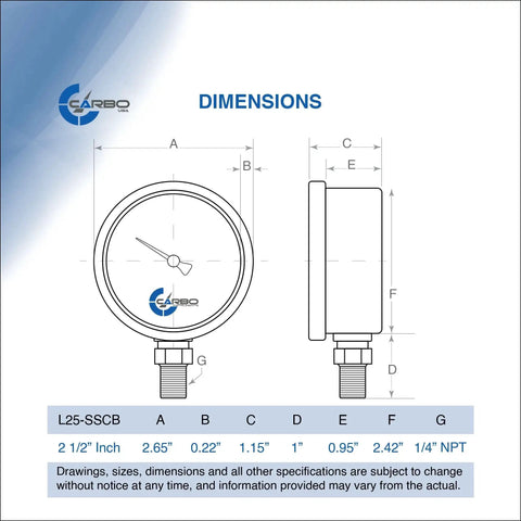 Technical dimension diagram for Glycerin Filled 3000 PSI Pressure Gauge With Two And A Half Inch Dial And Quarter Inch NPT Mount by Carbo Instruments