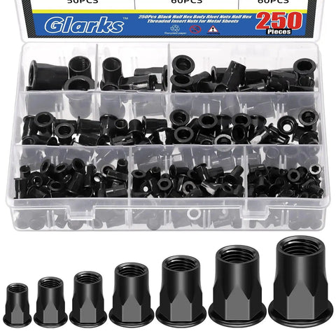 250 Piece Threaded Rivet Nuts Set M3 Through M12 Half Hex Head Black Zinc Plated Carbon Steel Flat Head Rivnuts
