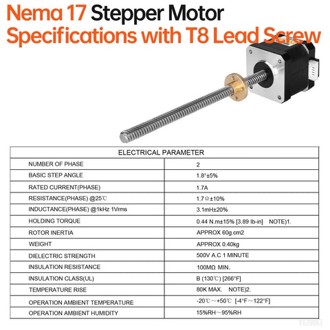 Three Pack Nema 17 Stepper Motors With TR8x8 Lead Screw 300mm For 3D Printers DIY CNC Robots product specifications chart