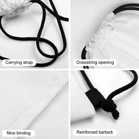 Lightweight Drawstring Sackpack For Gym And Travel Durable Polyester Secure Braided Drawstring To Keep Belongings Safe Ideal Beach Bag Everyday Use With Rainbow Llama Sunglasses Design showcasing carrying strap, drawstring opening, binding, and reinforced bartack details.