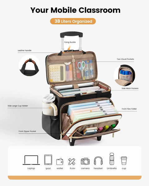 Three Way Carry Rolling Tote Bag With Detachable Dolly And Laptop Compartment open view with organizer pockets, black beige brown